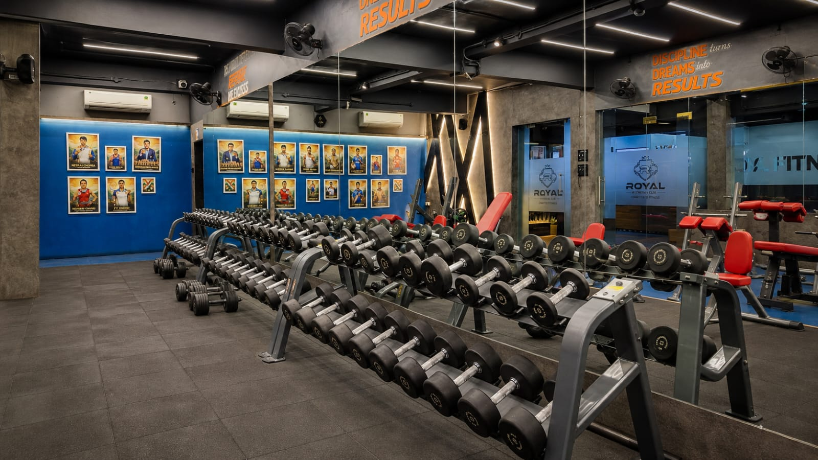 Free weights section at Royal Fitness Club Chandrapur